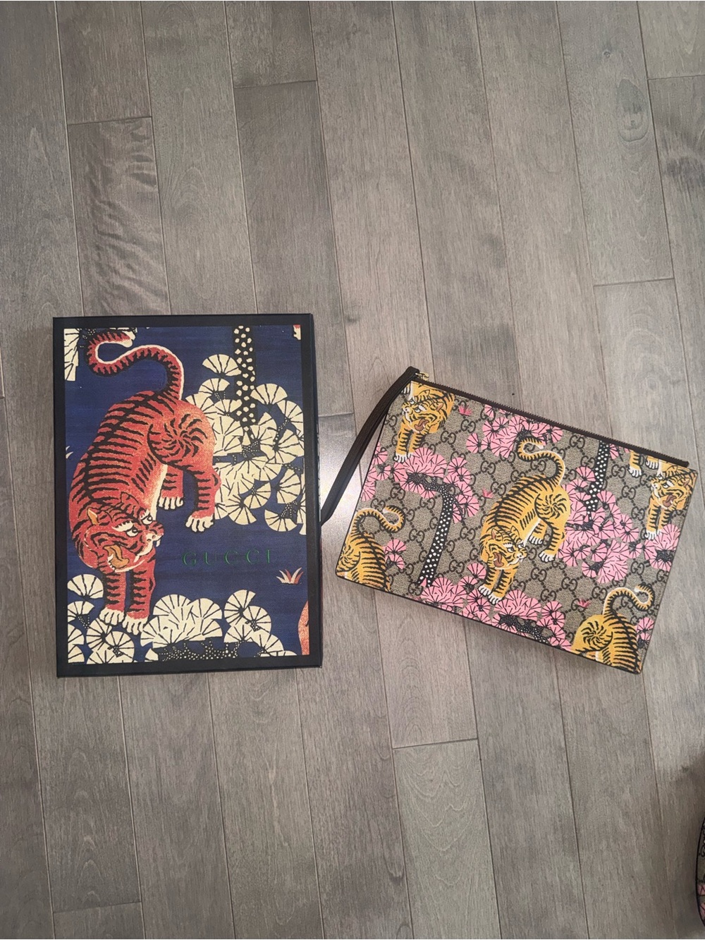 Gucci Beige GG Supreme Pouch with Pink Florals and Yellow Tigers
